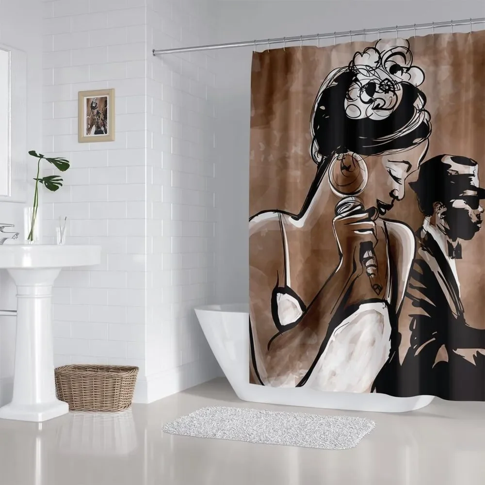 Jazz Shower Curtain Black Girl Singing Afrocentric, 72x72 Inch Plastic Hooks 12